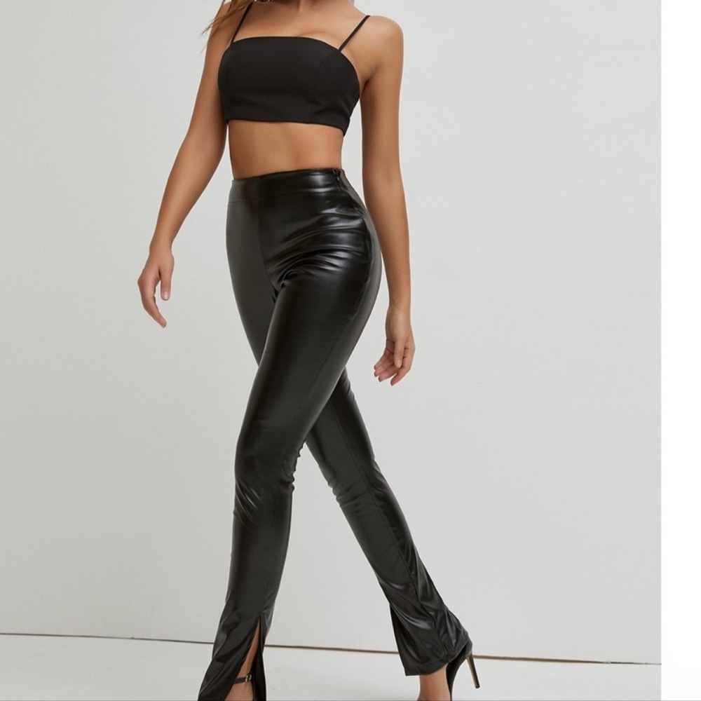 Leather look flare leg pants with size zip